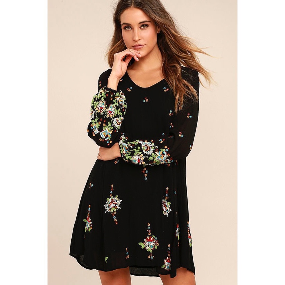 Free People Oxford Black Embroidered Swing Dress